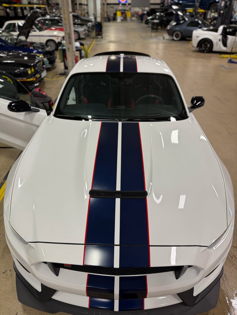 White Ford Mustang with blue and red racing stripes parked in a dealership garage with other vehicles in background