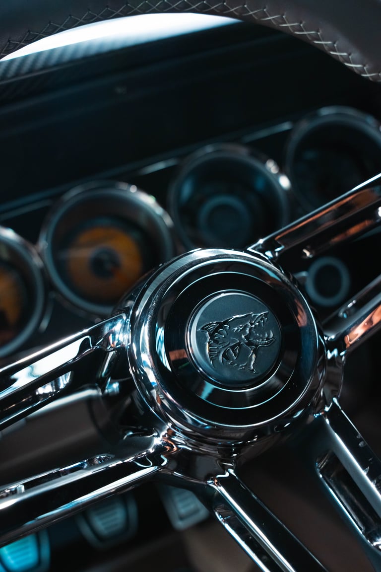 Close-up of a classic car steering wheel with chrome detailing and emblem, with blurred gauges visible in the background