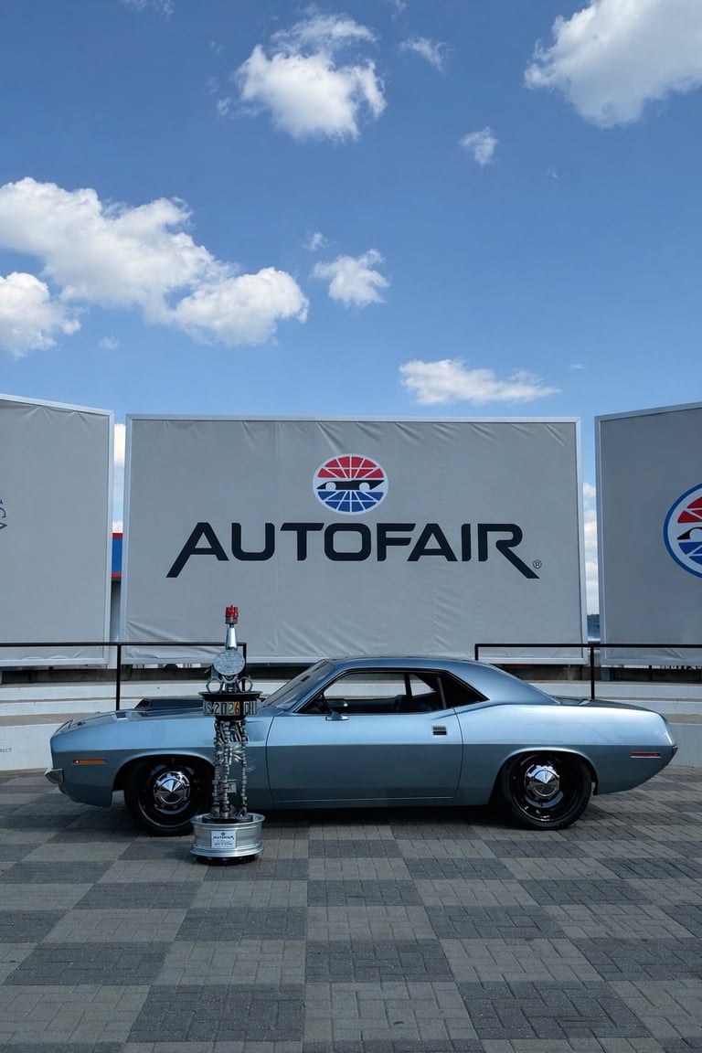 Light blue classic muscle car displayed at AutoFair car show with trophy, against white signage and clear blue sky