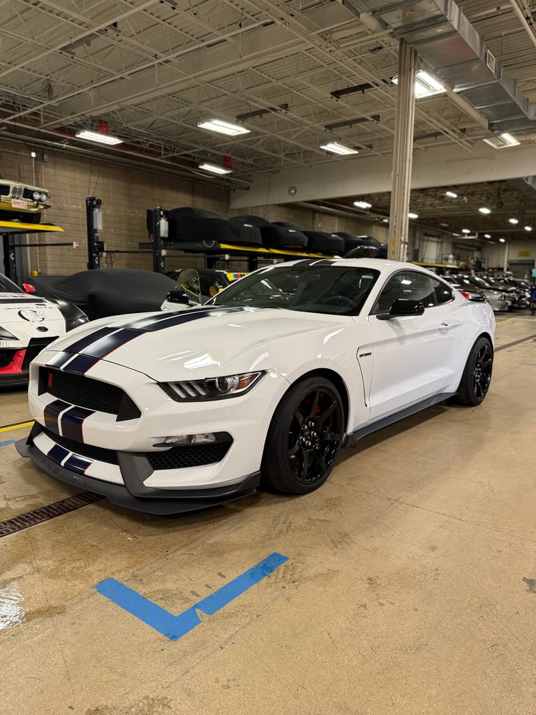 White Ford Mustang with black racing stripes parked in an indoor garage facility with blue parking marker on floor