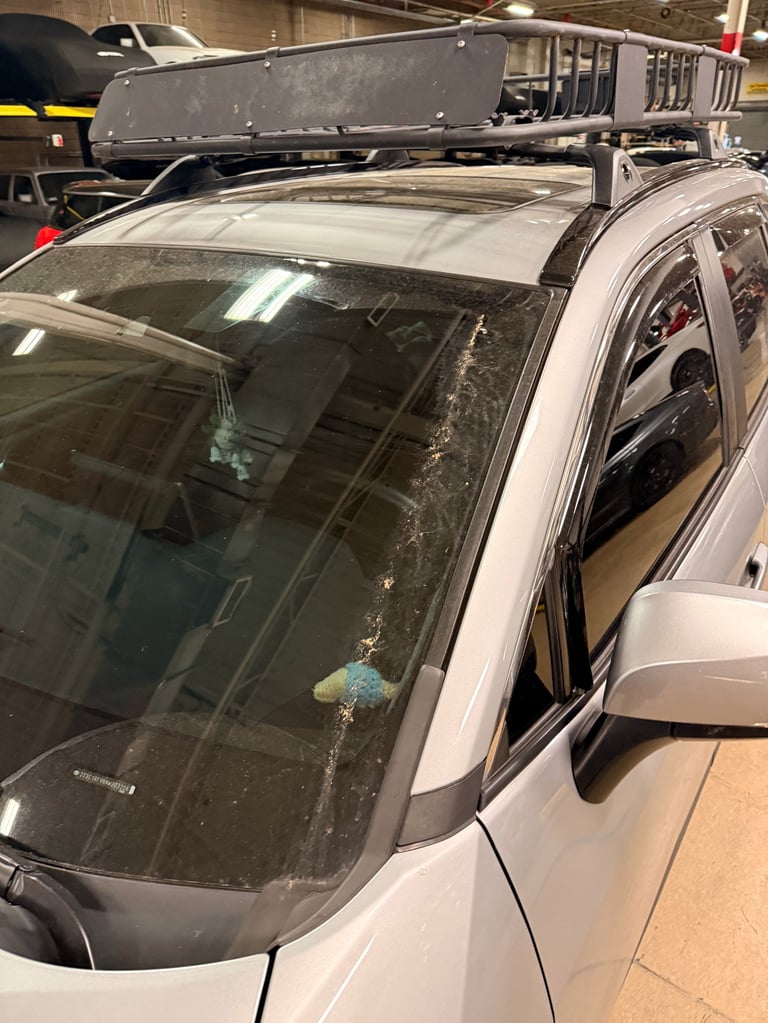 Silver SUV with roof rack in garage, showing wet windshield with debris and damage marks